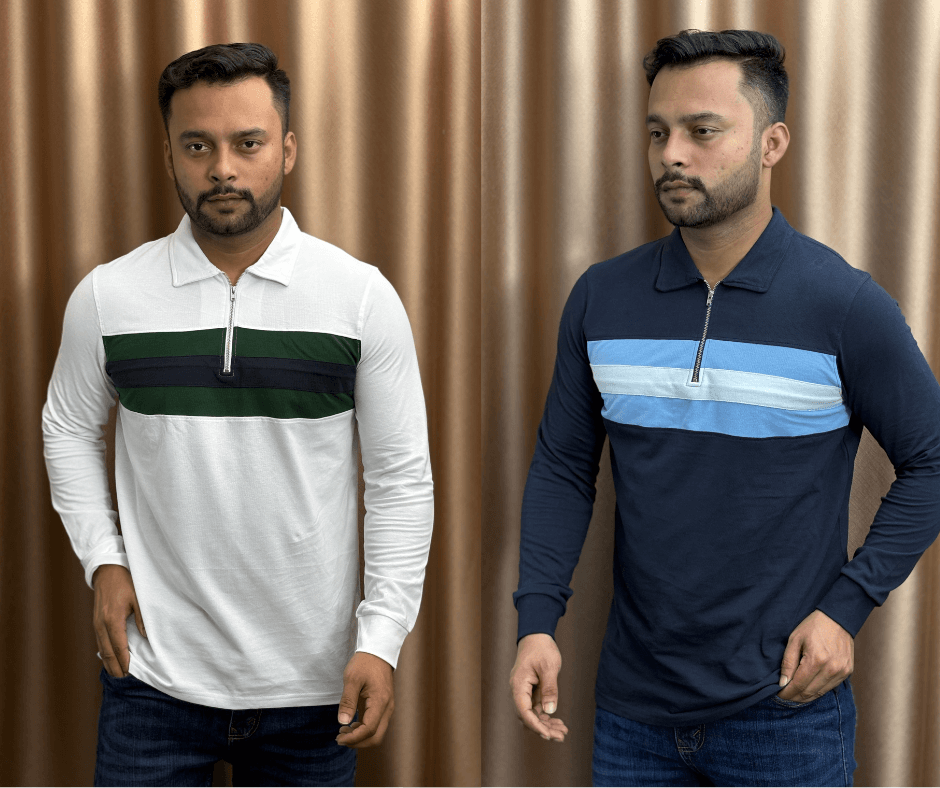 Luxury Zipper Polo Full Sleeve PL1 - White & Navy